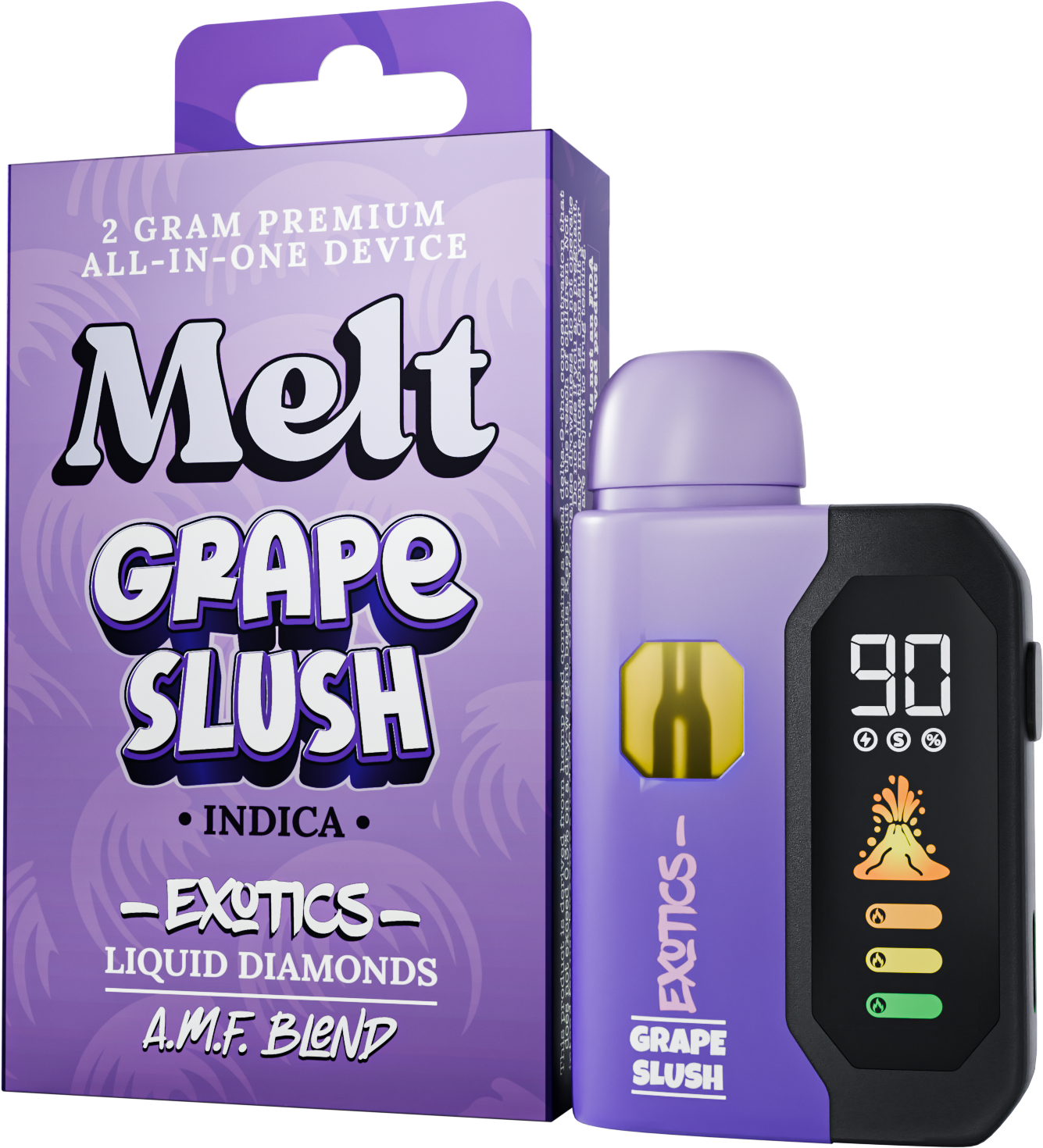 AMF Indica HHC vapes and THCA flower package with Melt Grape Slush all-in-one device.